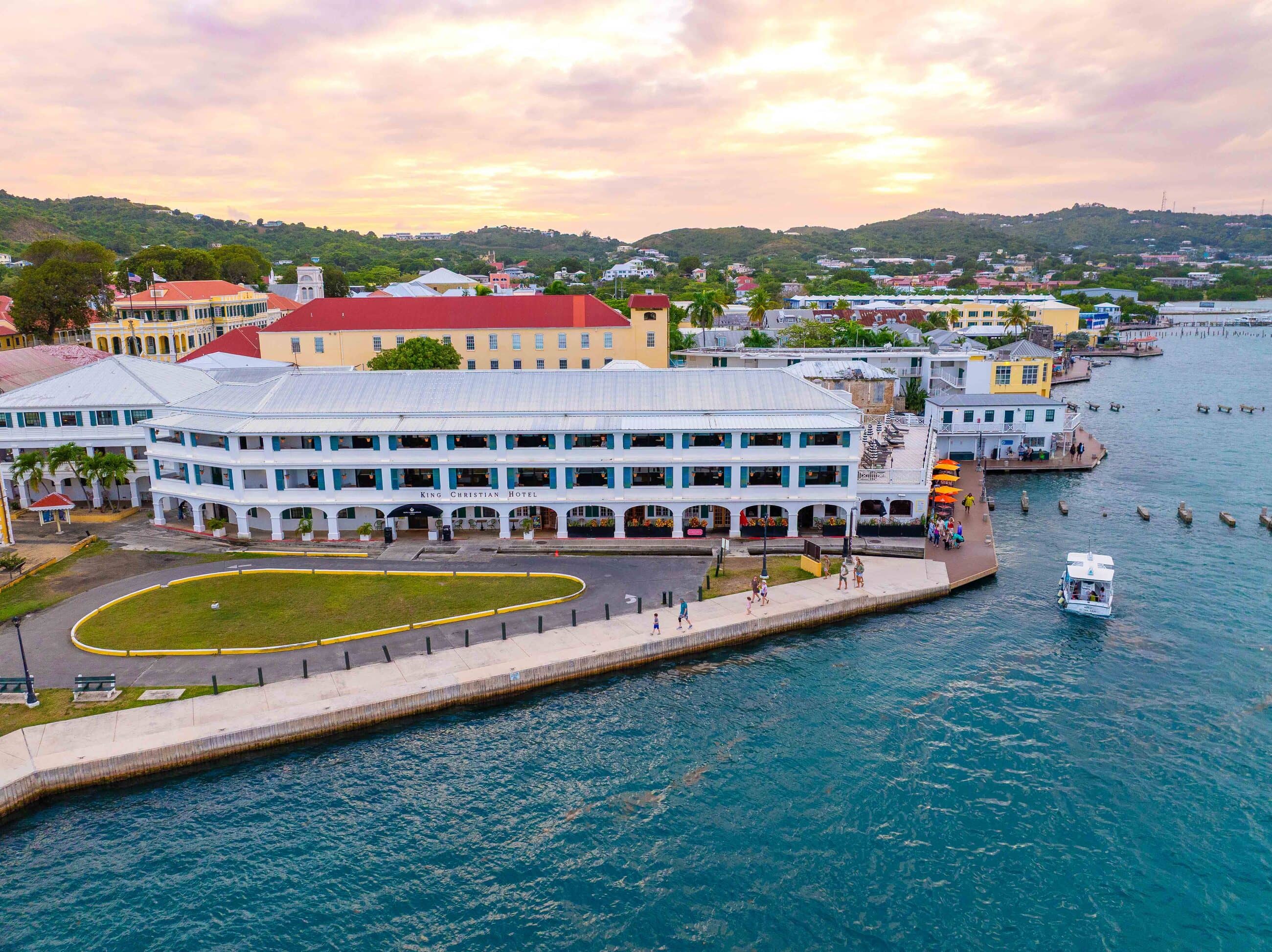 Aerial view of Harbour Prime on the Christiansted boardwalk at sunset