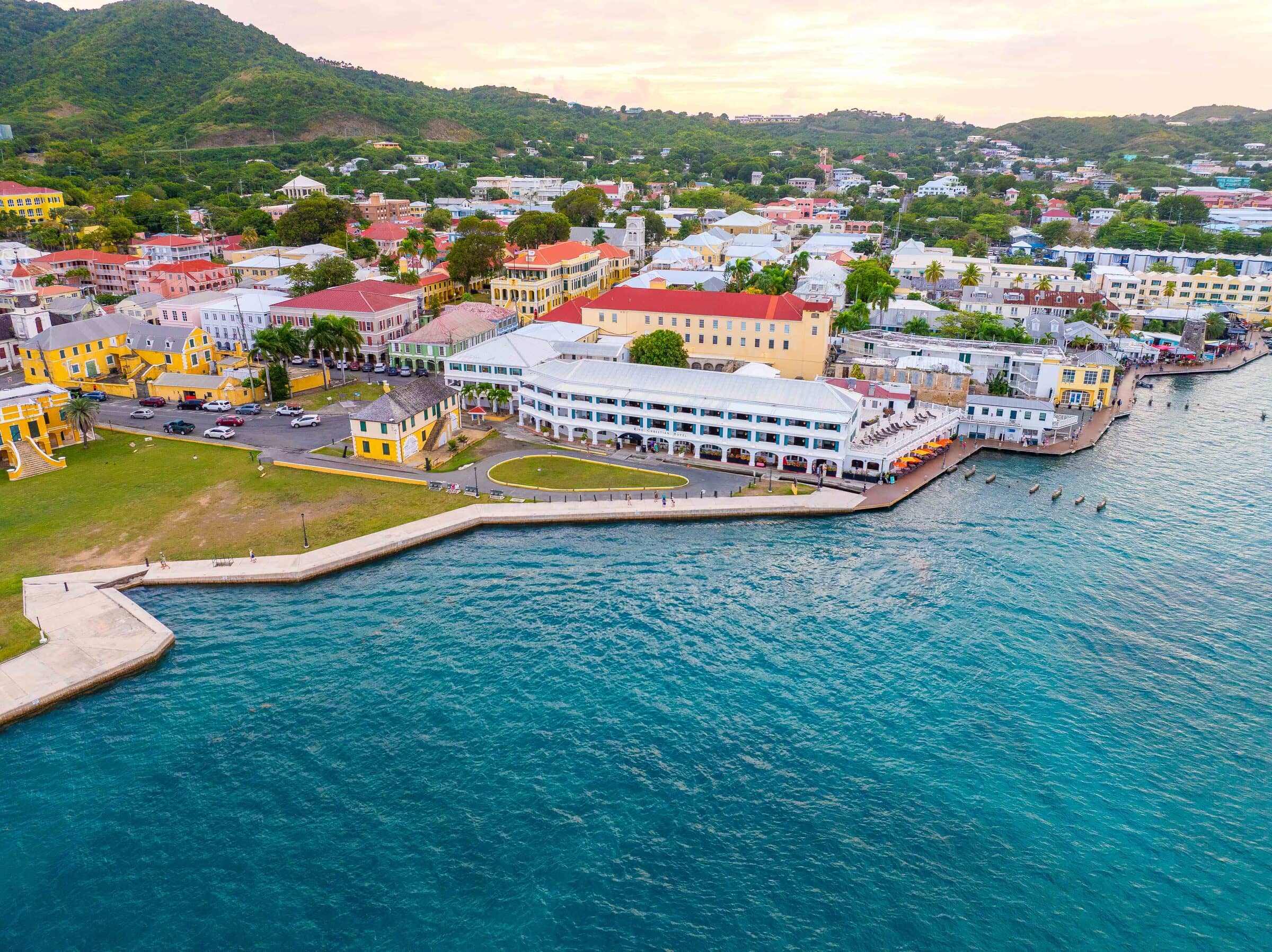 Aerial view of historic Christiansted, St. Croix at golden hour