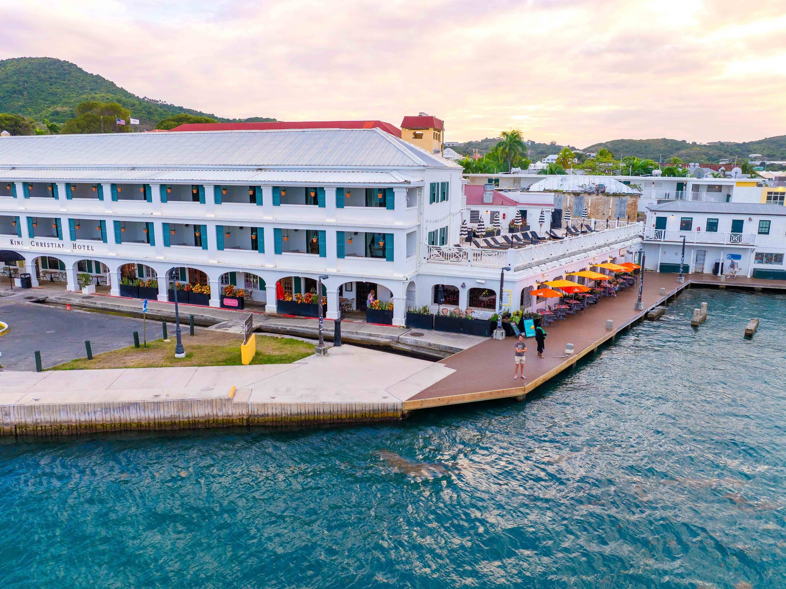 Aerial view of Harbour Prime and the King Christian Hotel on the Christiansted boardwalk