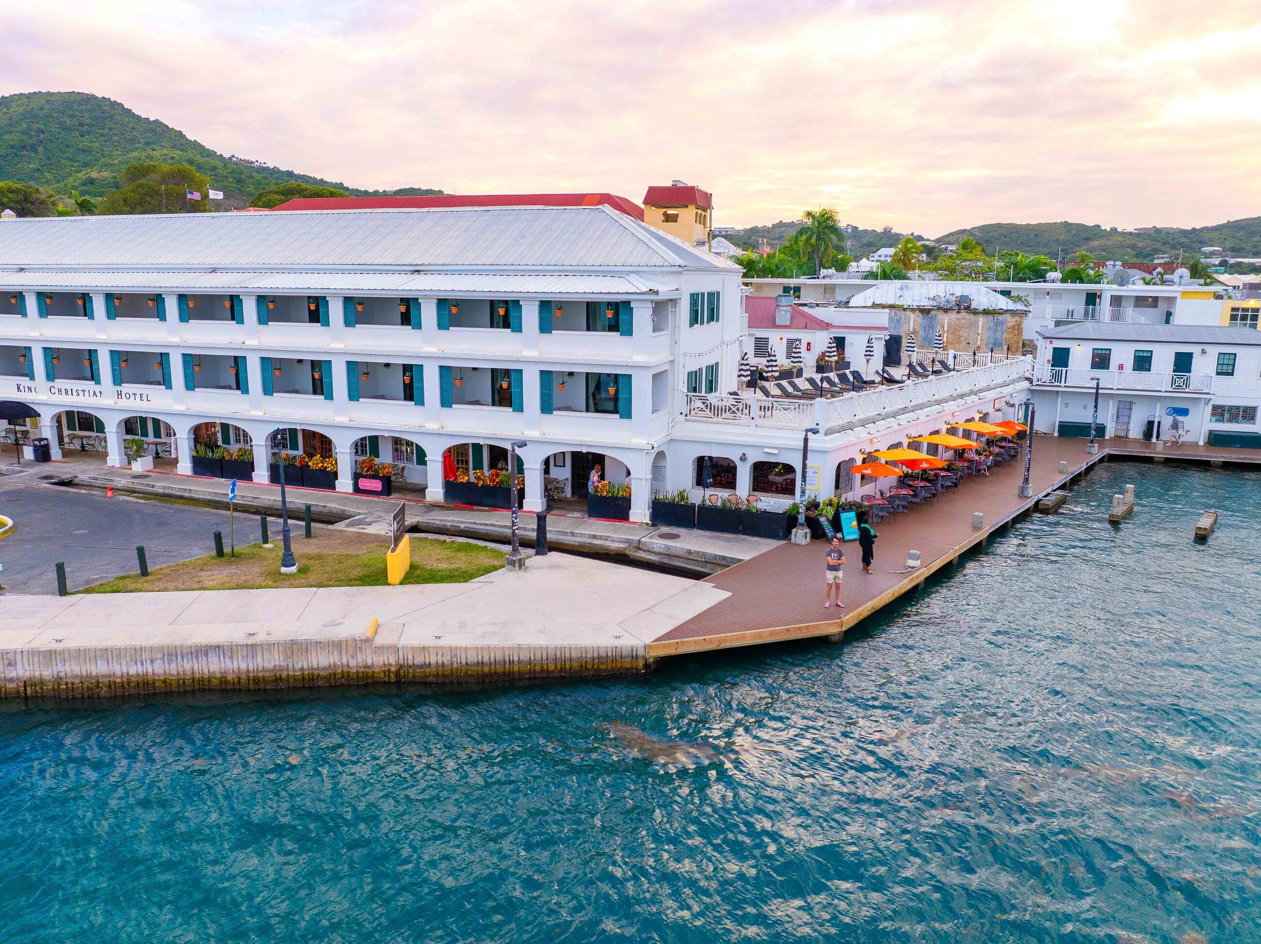 Aerial view of Harbour Prime and the King Christian Hotel on the Christiansted boardwalk